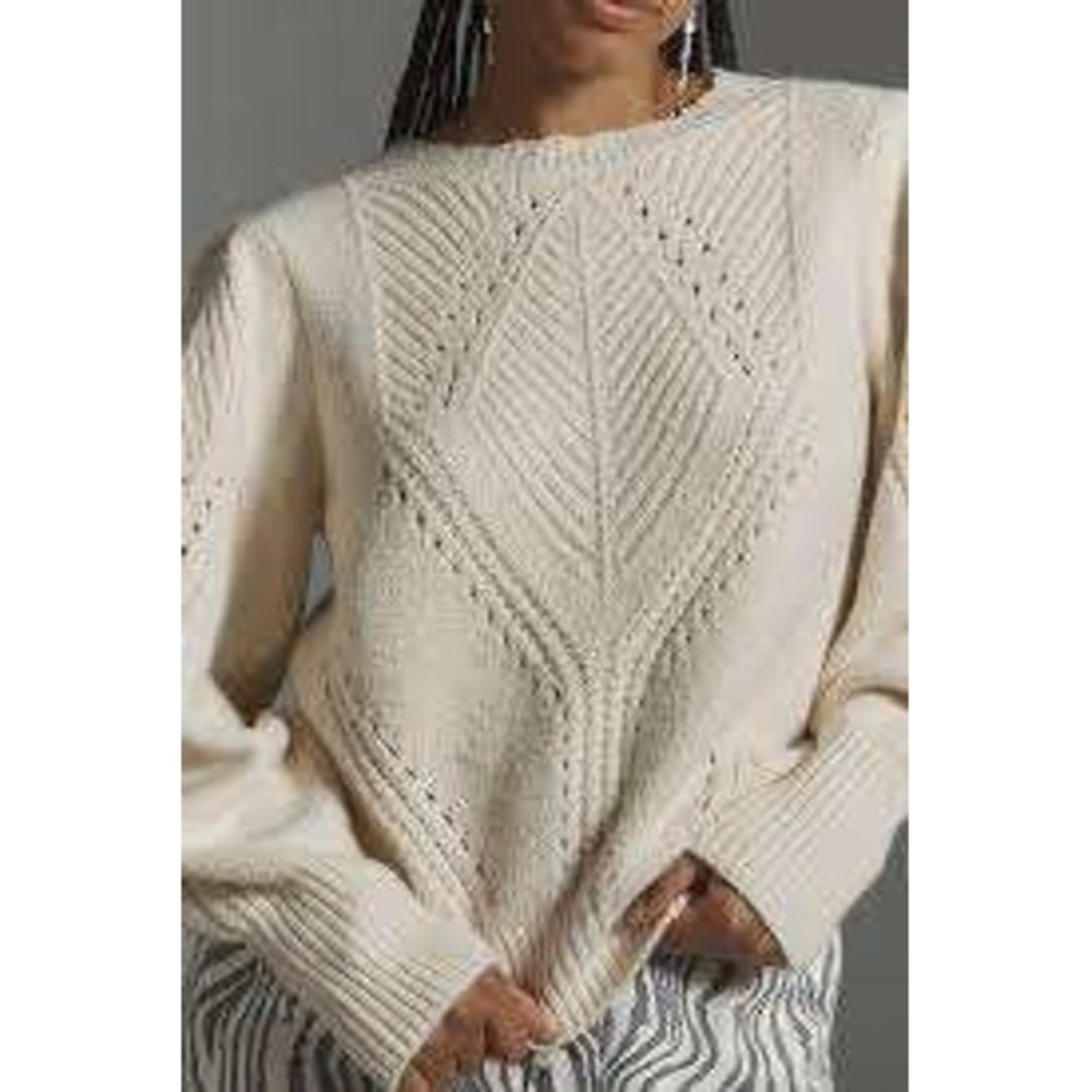 Anthropologie Ivory Puff Sleeve Pointelle Knit Sweater OB2034085 Cream Medium
